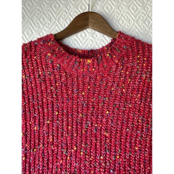 Main Strip Distressed Mini Pom Pom Confetti Sweater Red Multi Size LARGE Womens - Picture 1 of 9